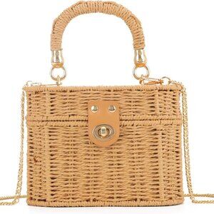 Handwoven Basket Straw Purse for Women Woven Straw Rattan Shoulder Bag Vintage B